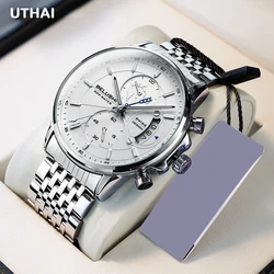 UTHAI Leather Business Fashion Three Eye Timing Leather Watch Strap Waterproof Quartz Men's Watch H77