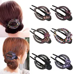 Fashion Women Hairpins Flexible Headwear Acrylic Heart  Flower Hollow Claws Rhinestone Hair Clip