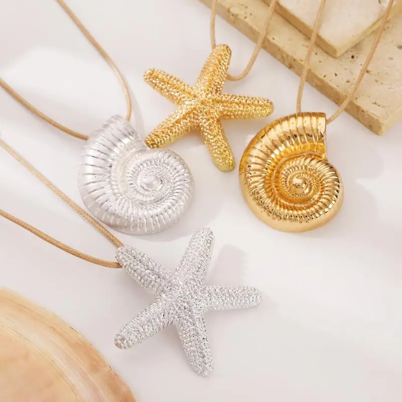 Exaggerated Metal Sea Star Conch Pendant Necklace Punk Adjustable Rope Chain Necklace for Women Aesthetic Design Party Jewelry