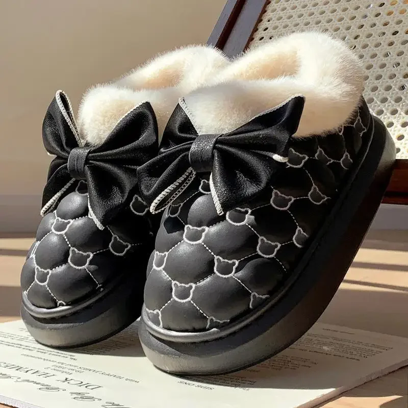 

Bowknot Designer Winter Snow Booties Indoor Fluffy Slippers Women House Flats Fashion Footwear Warm Platform Ankle Boots Female