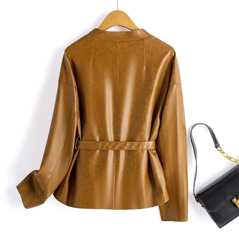 2026 primavera outono casaco de couro do plutônio feminino elegante moda o-pescoço casaco feminino roupas da motocicleta com cinto fino outerwear b1476