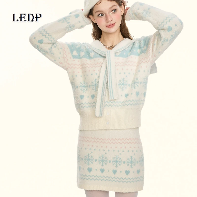 

New Year Christmas Women's Clothing Winter Snowman Snowflake Sweet Cute Navy Collar Mink Knitted Sweater Skirts Suits Ladies