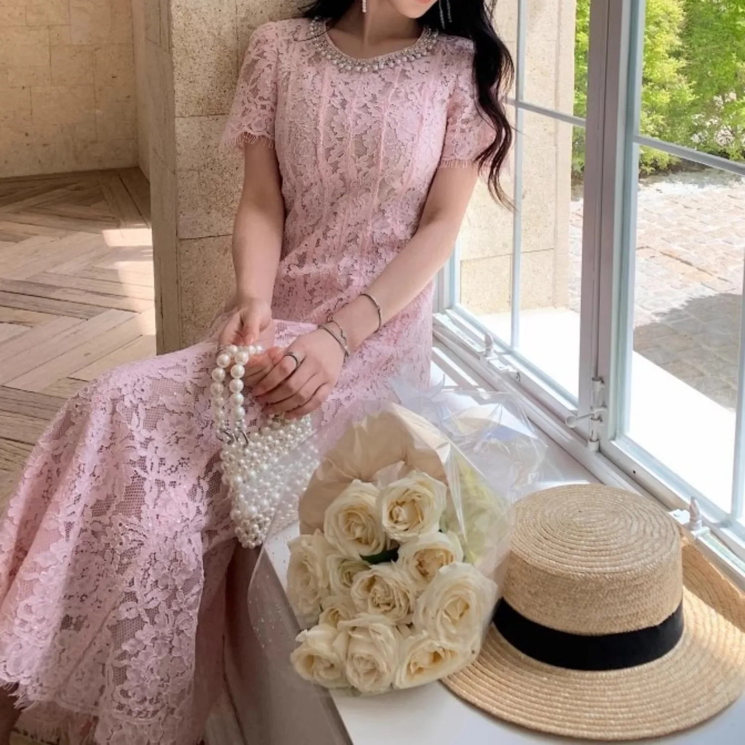 Roze kant kralen pareljurk vrouwen elegante korte mouw patchwork kleding dame streetwear runway ontwerp vestidos bodycon