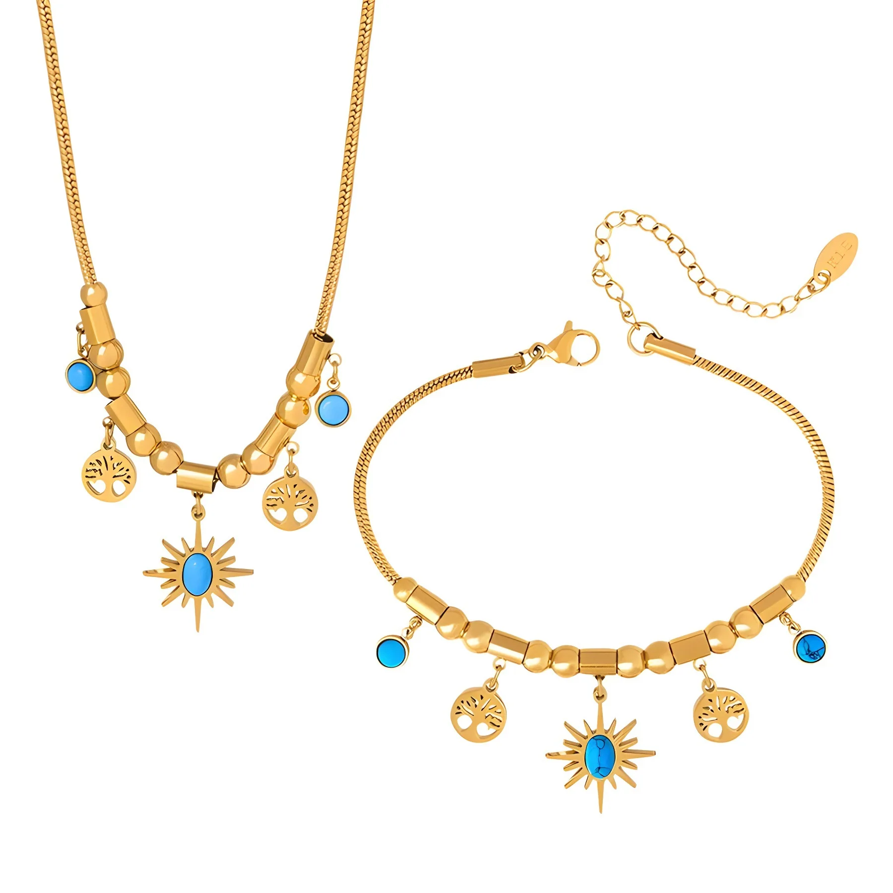 الفولاذ المقاوم للصدأ الذهب اللون جولة الحجر الأخضر قلادة قلادة للنساء خمر العرقية الفتيات سلسلة مجوهرات هدايا