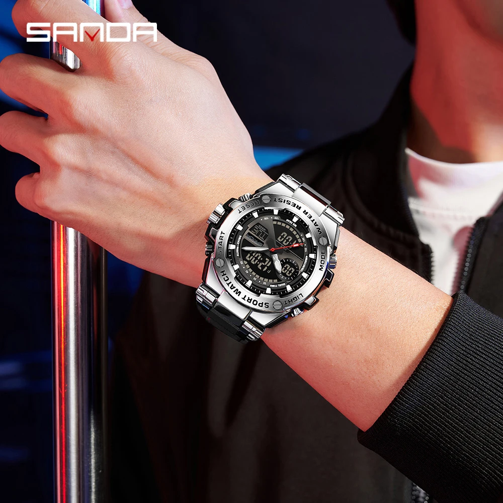 SANDA 3363 남성용 전자 시계 스포츠 다기능 방수 LED 듀얼 디스플레이 남성용 전자 시계