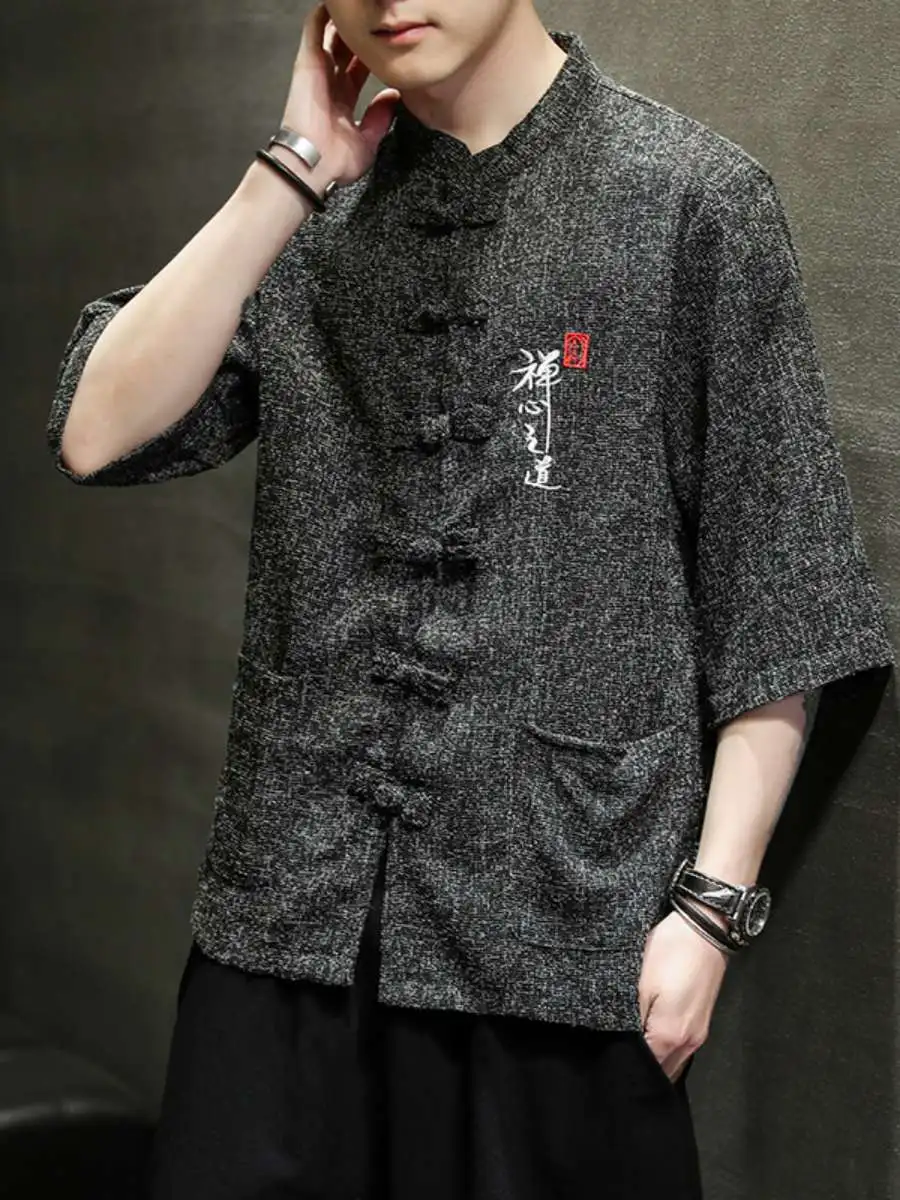 

New Retro Embroidered Hanfu Sle Men's Summer Thin ort Sve irt Loose Large Size Cotton Casual Ethnic Clothing