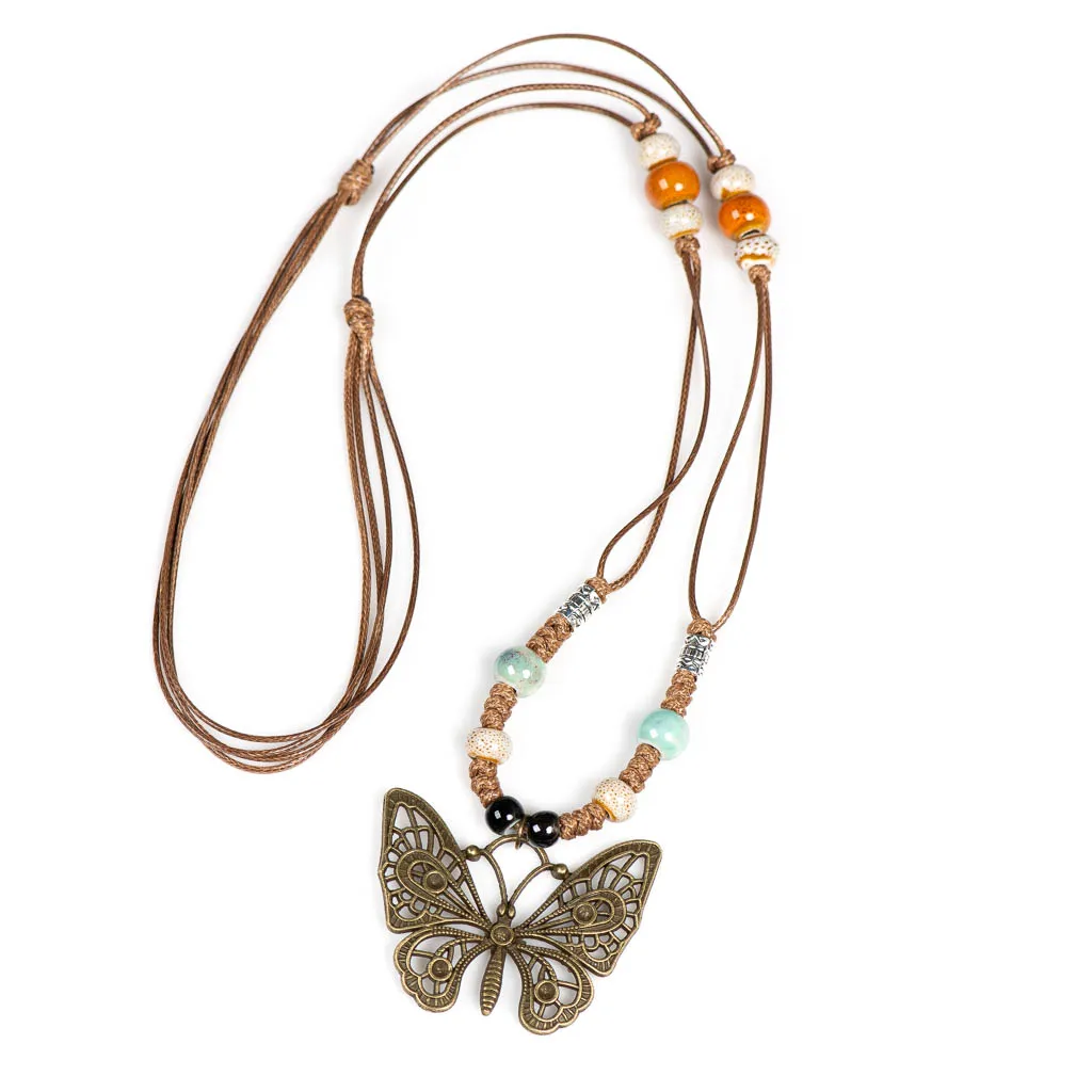 Vintage Bohemian Ethnic Style Handmade Braided Butterfly Necklace, Ceramic and Alloy Materials 2X839C