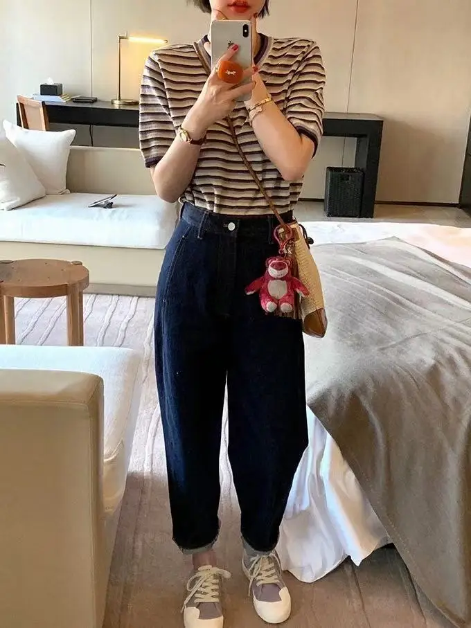 Summer striped 100% pure cotton short sleeved women's knitted pullover short sleeved thin cut color blocked half sleeved top