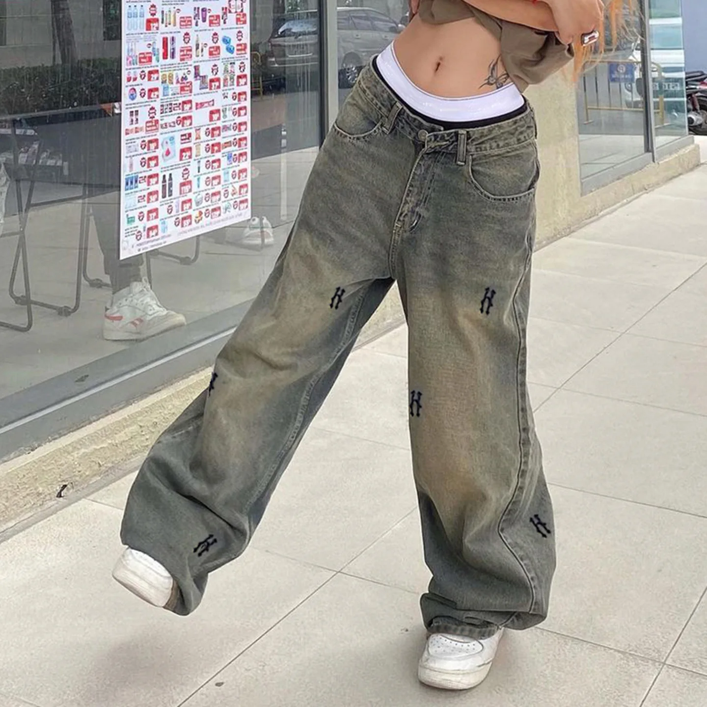 Осенние новые женские джинсы в стиле ретро со старым принтом, свободные повседневные широкие брюки с низкой талией, мешковатые джинсы