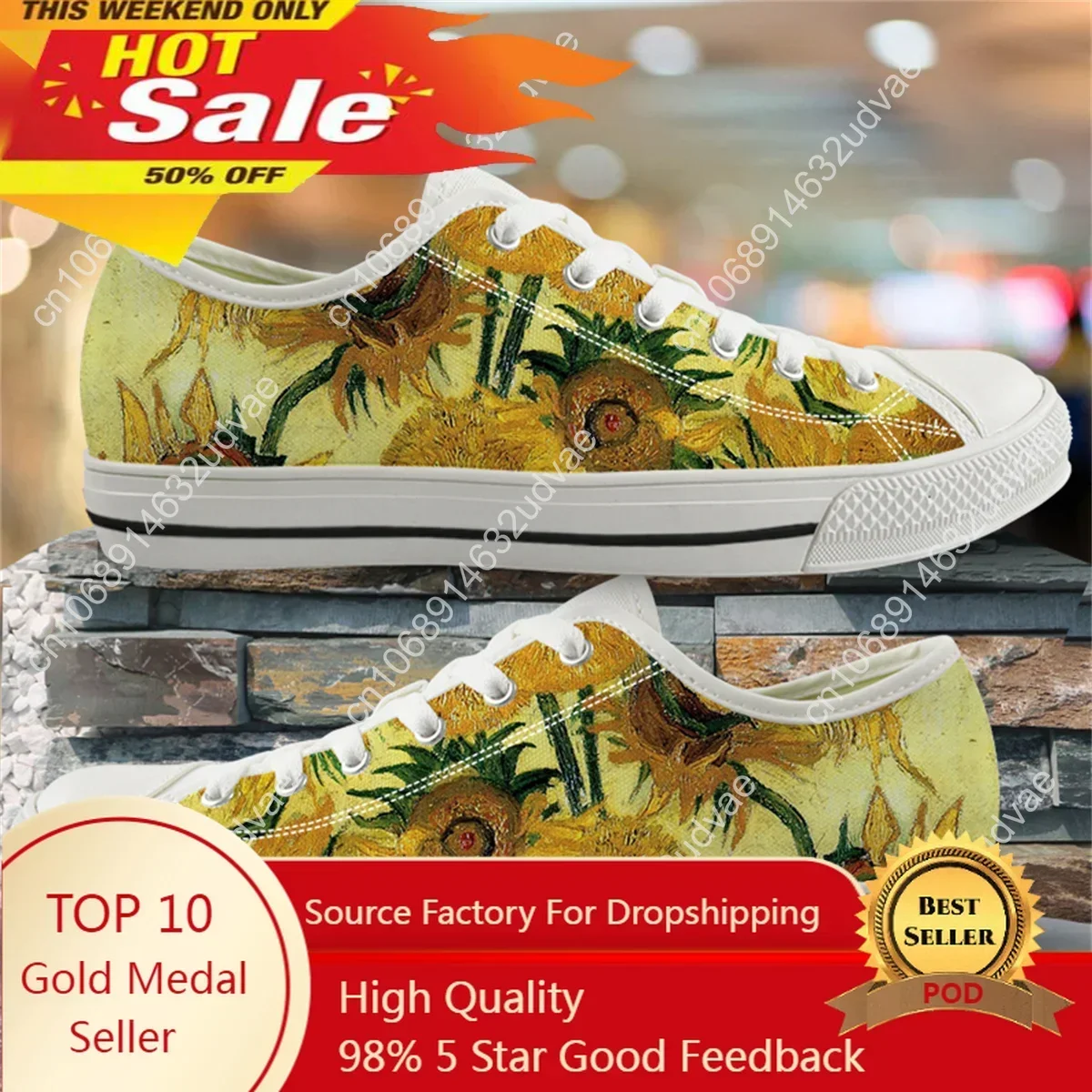 

Van Gogh Oil Painting Sunflower Canvas Shoes Women's Lightweight Breathable Flat Shoes Outdoor Fitness Lace-Up Sneakers Zapatos