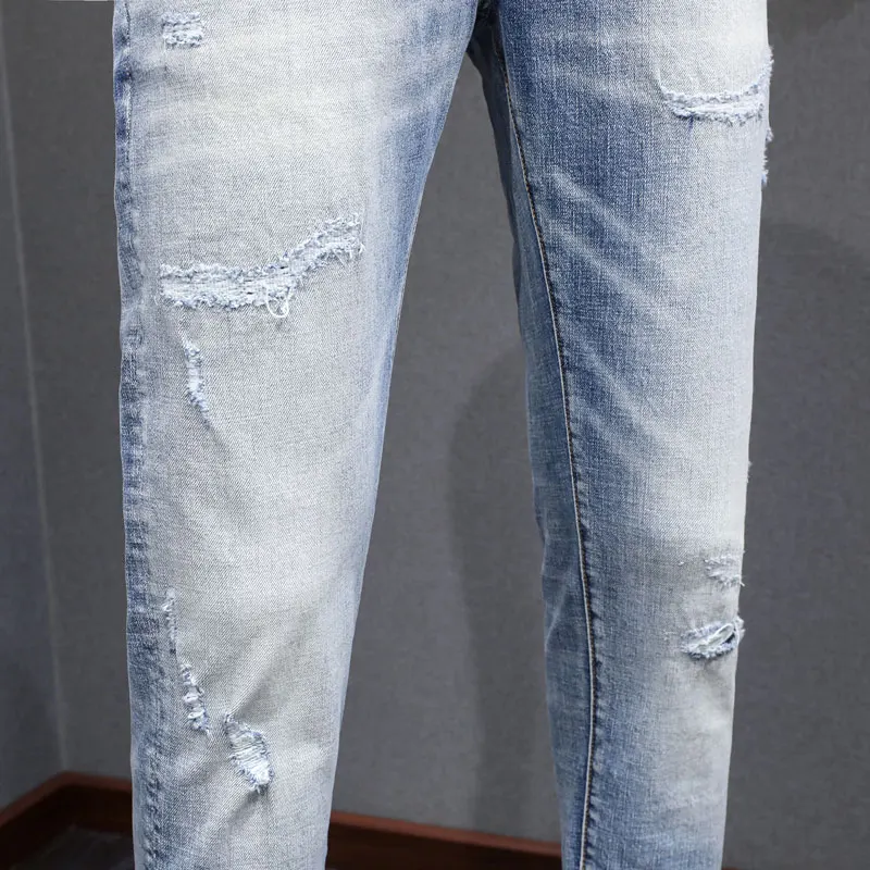 Streetwear Fashion Men Jeans High Quality Retro Light Blue Stretch Slim Fit Ripped Jeans Men Vintage Designer Brand Denim Pants