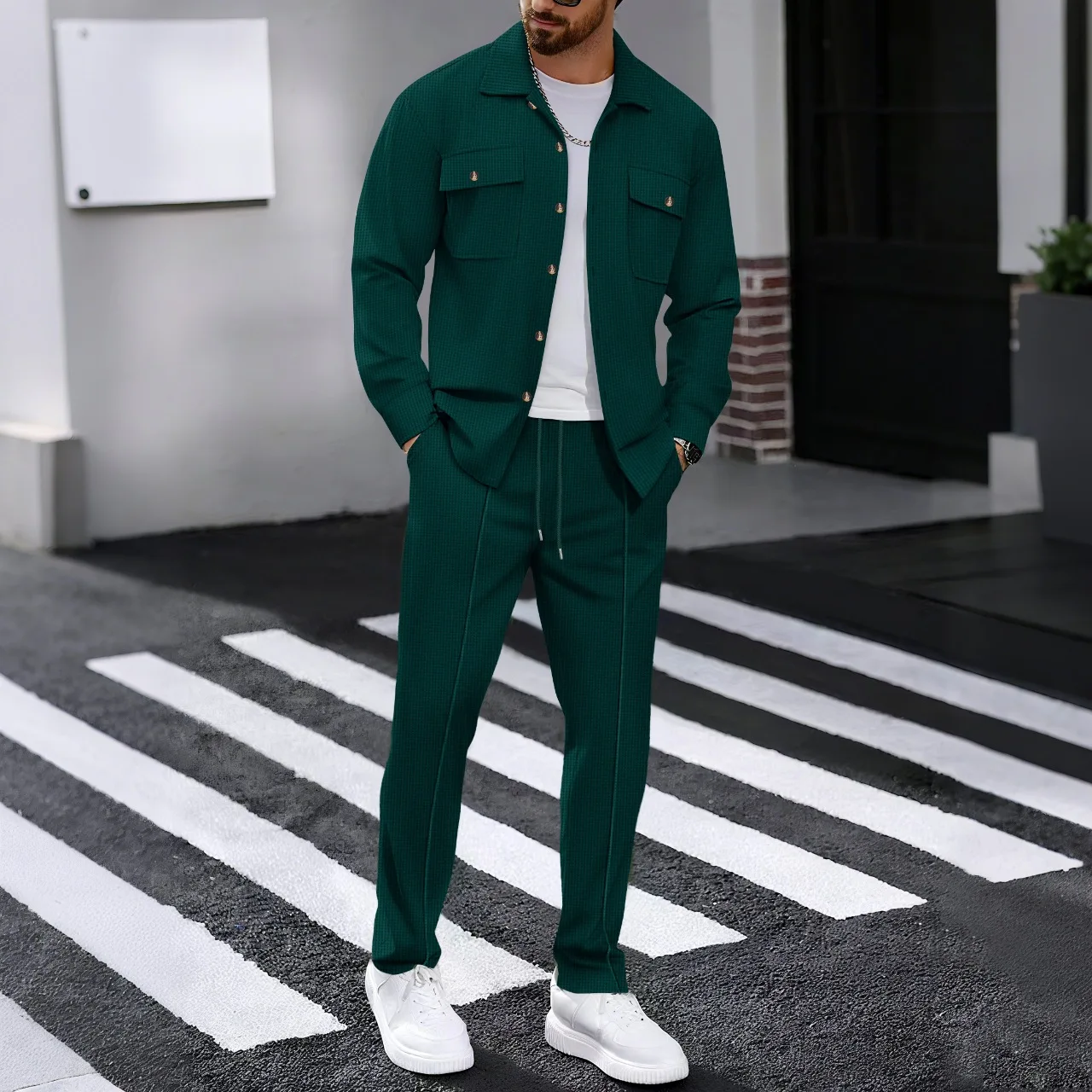 Autumn New Long Sleeved Long Pants Two-piece Set Solid Color Double Pocket Workwear Cardigan Shirt Set - view 2
