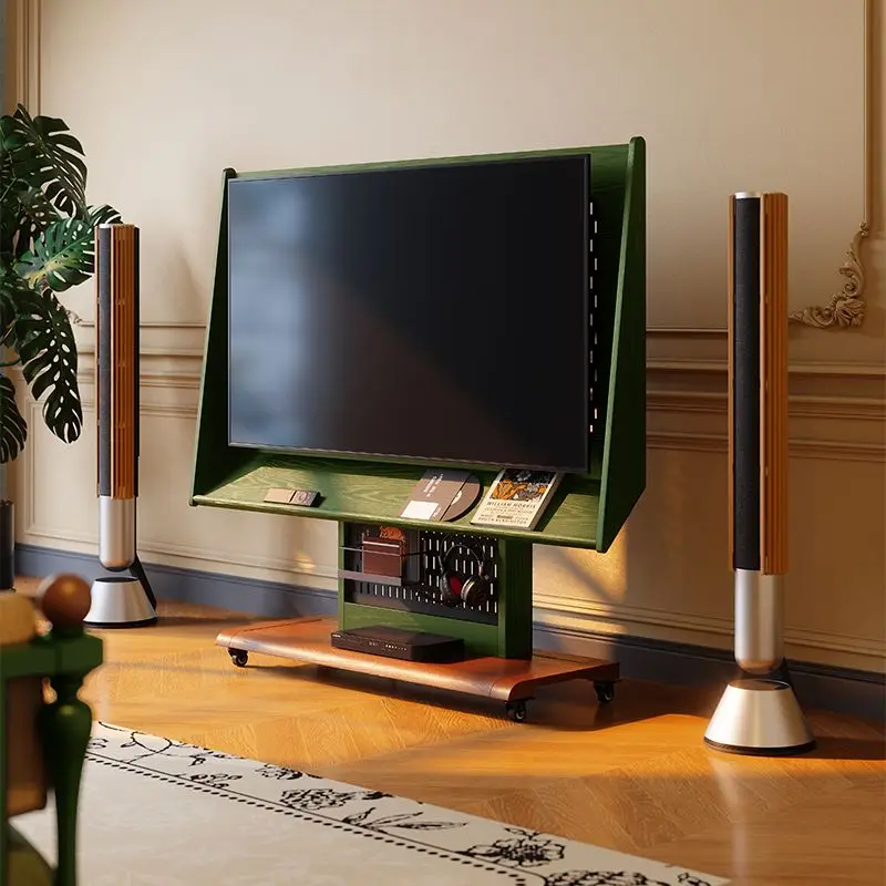 Universal removable TV floor bracket solid wood bracket French retro living room antique TV cart