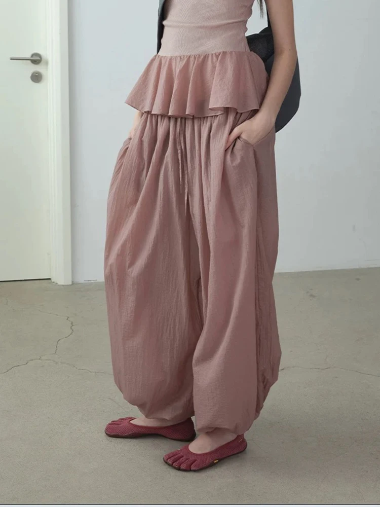 

Lightweight pumped pleated wide-leg pants temperament casual lotus root pink versatile women's pants 2025 summer new