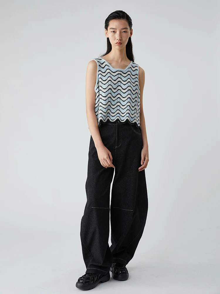 

Женский вязаный жилет с необработанным волнистым узором, брендовый, приталенный, для повседневной носки, стандартной длины, с полосатым узором