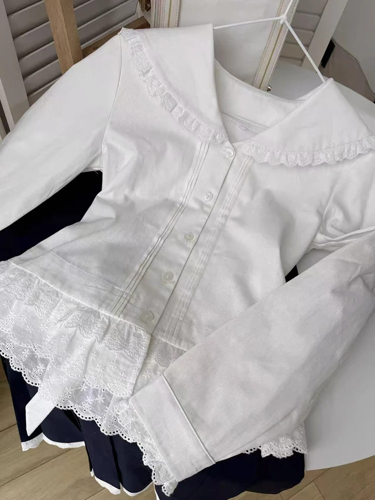 

Lace Patchwork White Shirt for Women Japanese Kawaii Peter Pan Collar Long Sleeve Blouse Loose Sweet Preppy All Match Shirt New