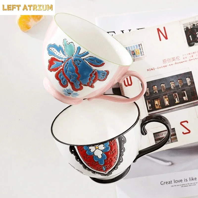 Creative Painted Flowers Ceramic Coffee Mug Large Capacity Oat Milk Mug Vintage Flower Pattern Teacup Drinkware Birthday Gift