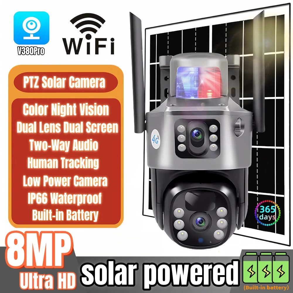 Dual Lens Solar 4G IP Camera 8MP 4K Wireless Surveillance Camera WiFi for Smart Home Night Vision with People Detection CCTV