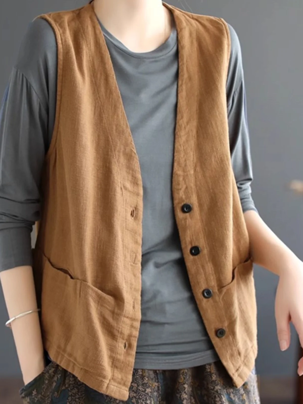 

Ранняя осень, однотонный льняной женский свободный универсальный жилет с v-образным вырезом, пальто на пуговицах, цветная модная верхняя одежда