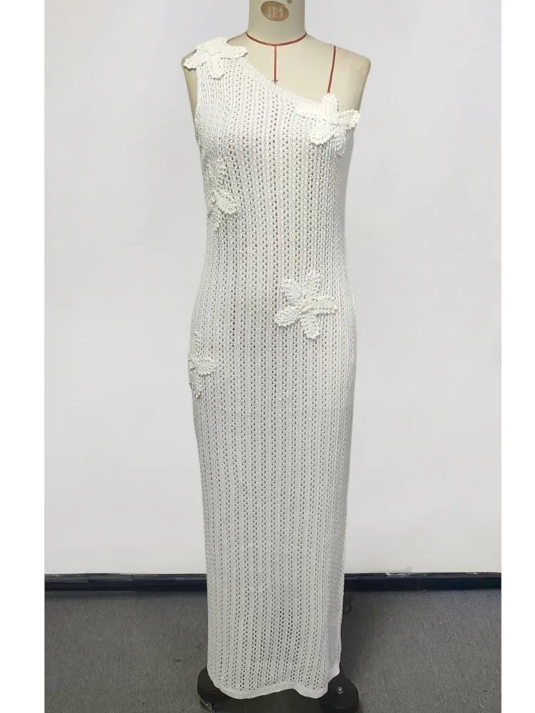 

Sexy Women Knit Beach Dress Hollow-Out One Shoulder Sleeveless Bikini Cover-Ups Dress Holiday Dress 2026 Summer Swimwear Beach
