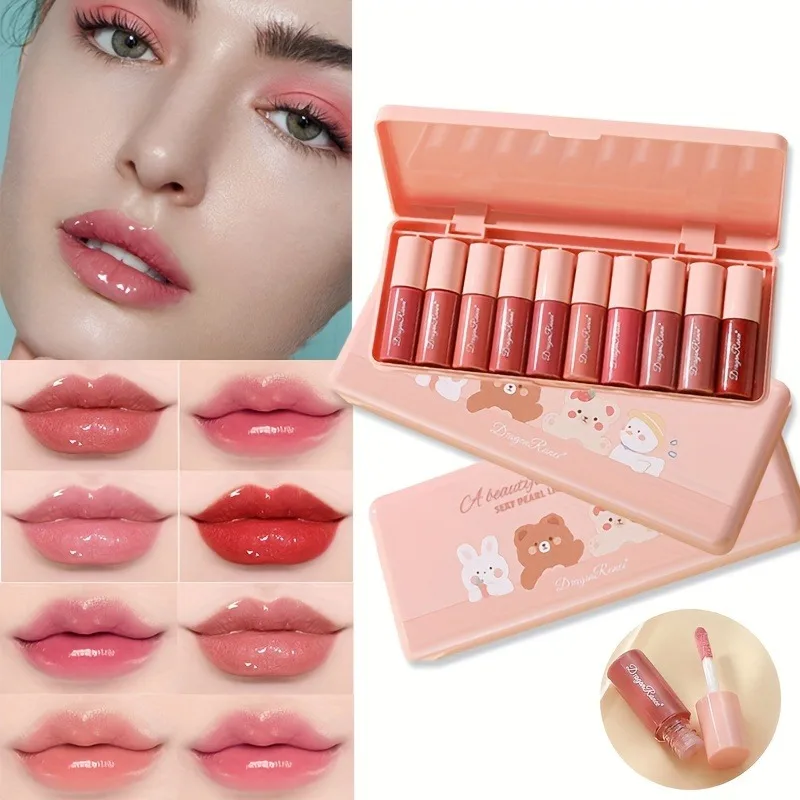 10 Colors Cartoon Set Waterproof Moisturizing Lip Glaze Set Non-fading Lip Liquid Mirror Lipstick for Lip Gloss