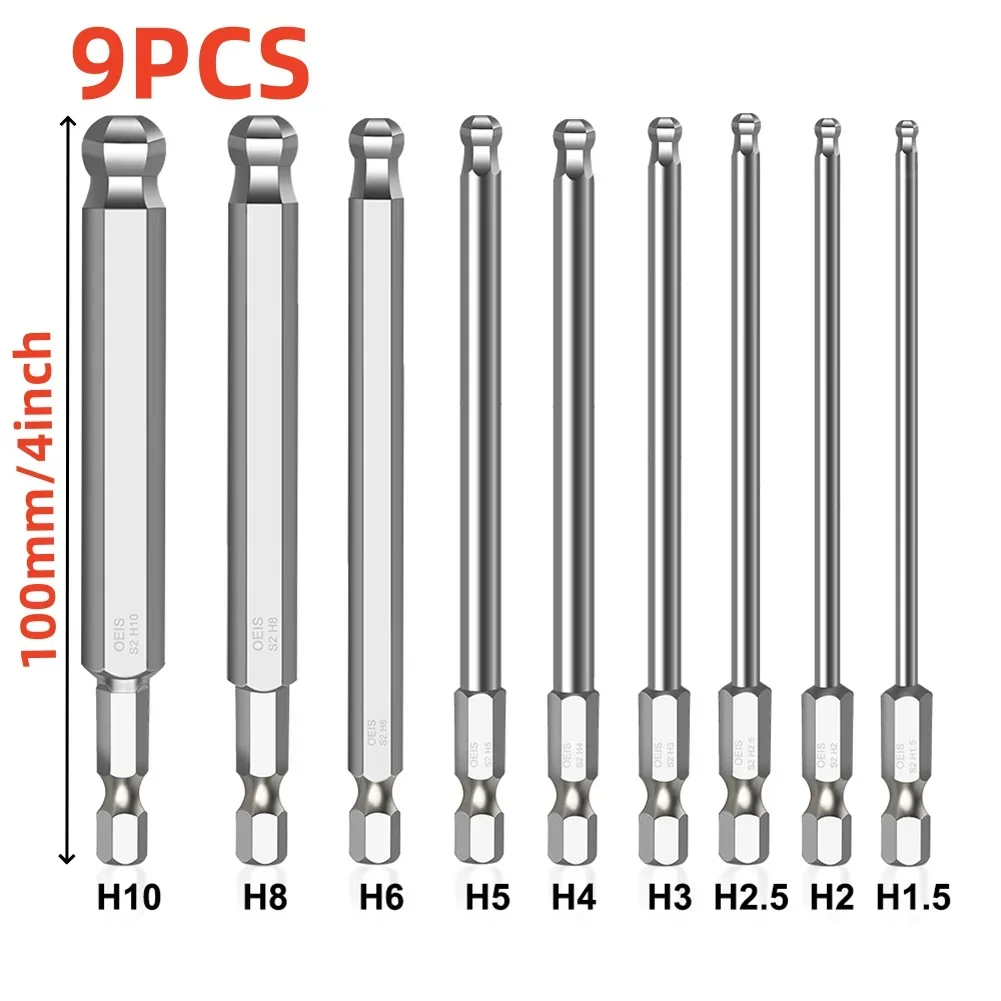 

9PCS Set Ball End Hex Screwdriver Bits Set Metric Allen Hex Bit 100mm Long Magnetic Ball Head Driver Bit