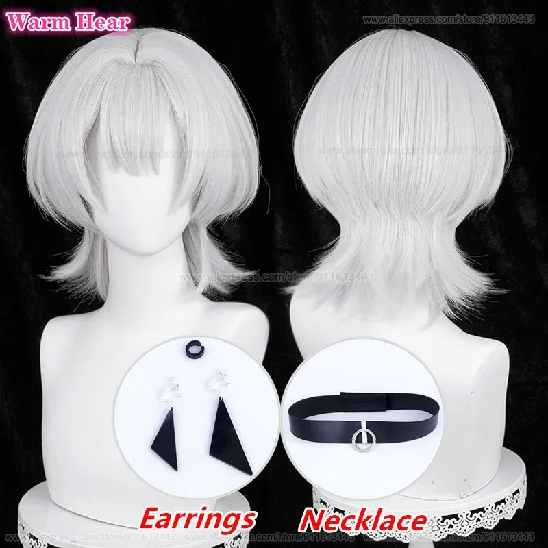 

Anime Rana Kaname Synthetic Hair Short 35cm Silver White Wig And Earrings Heat Resistant Hair Halloween Party Cosplay Anime Wigs