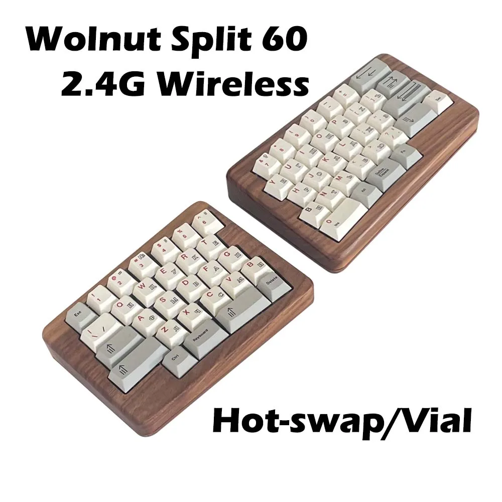 

Wooden Walnut Split Ergonomics Hot-swap MX Mechanical keyboard 2.4G Wireless VIAL Fully Programmable