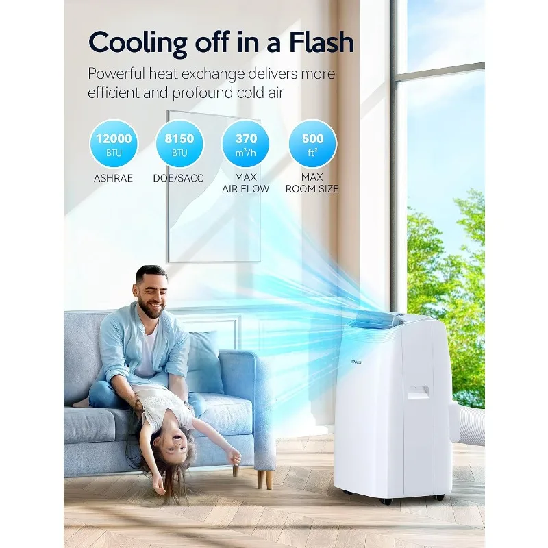 Unidad de aire acondicionado portátil con ventilador y deshumidificador, enfria hasta 500 pies cuadrados, modo inteligente/sueño, oscilación automática, temporizador de 24H