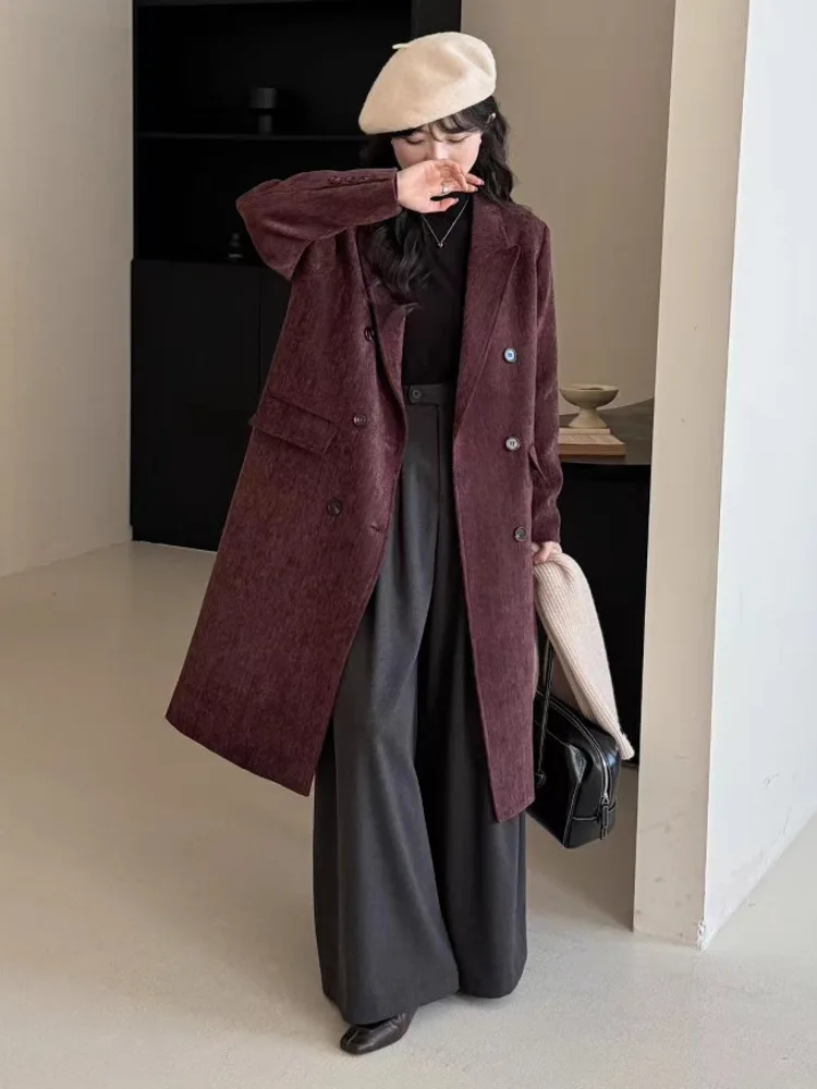 LANMREM Office Lady Windbreaker Notched Collar Double Breasted Long Sleeves Fashion Coats 2025 Spring Winter New 2DB1252