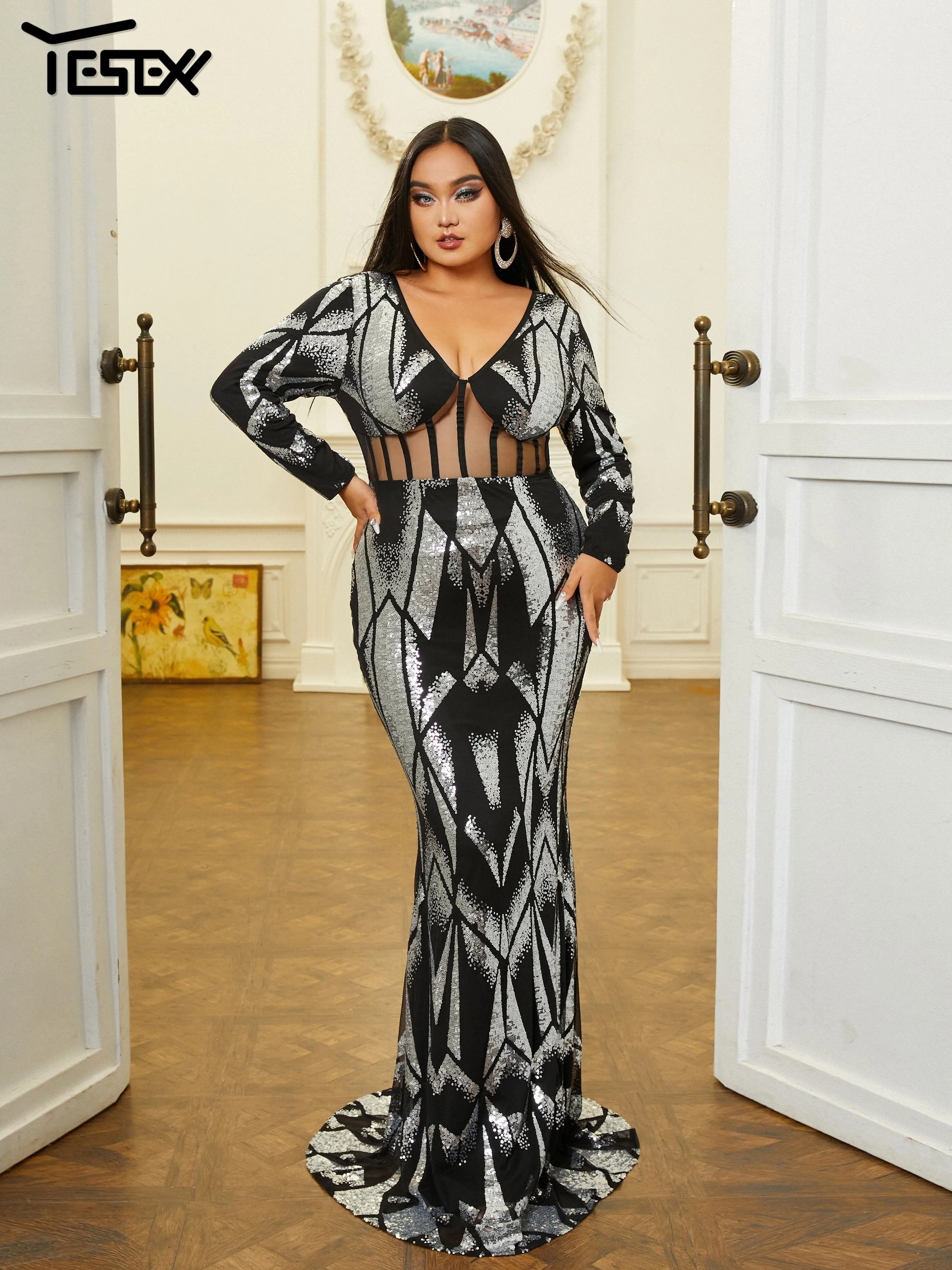 

Yesexy New Plus Size Sexy Party Dresses For Women Cutout Long Sleeve Sequin Mermaid Evening Prom Dress