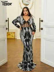 Yesexy New Plus Size Sexy Party Dresses For Women Cutout Long Sleeve Sequin Mermaid Evening Prom Dress