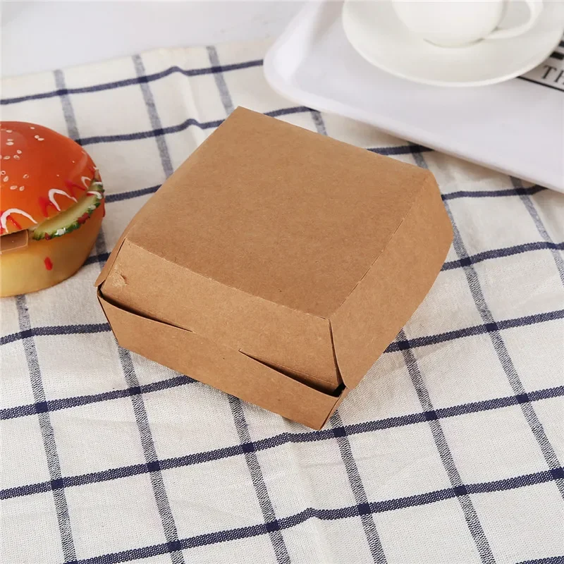 50/100pcs   11x10x6cm Burger Lunch Box Kraft Paper Box Disposable Burger Food Box Takeaway Package Western Food Cake Box