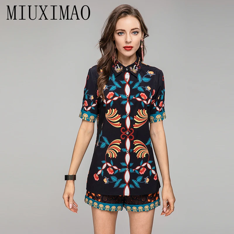 MIUXIMAO 2023 Fall Elegant Set Long Sleeve Diamond collar  Flower Leopard Print Shirt+Short Fashion Two Piece Set Women Vestides