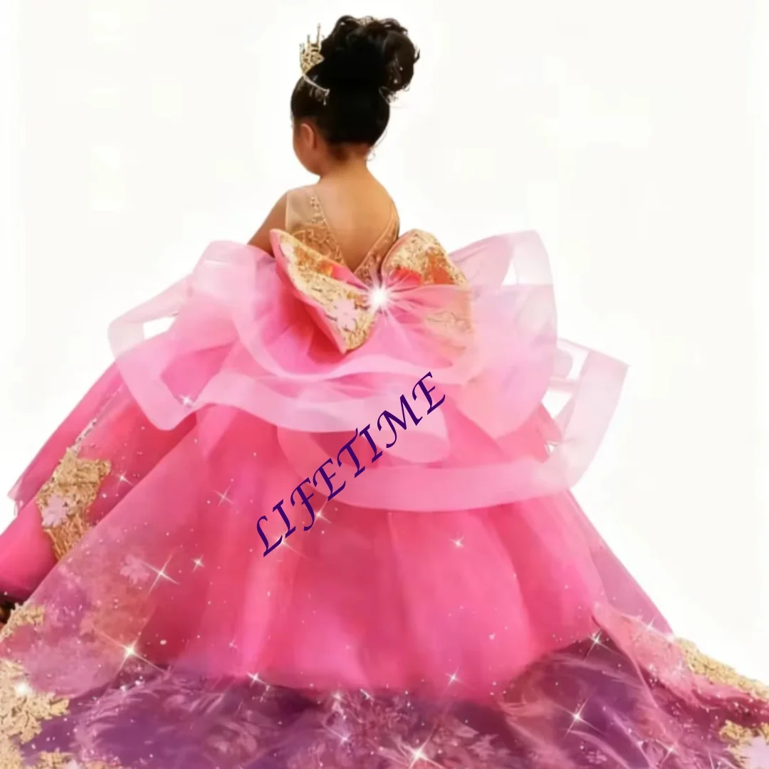 Abiti lunghi da festa per ragazza rosa personalizzati Abiti da cerimonia per feste di spettacoli di compleanno personalizzati con applicazioni dorate