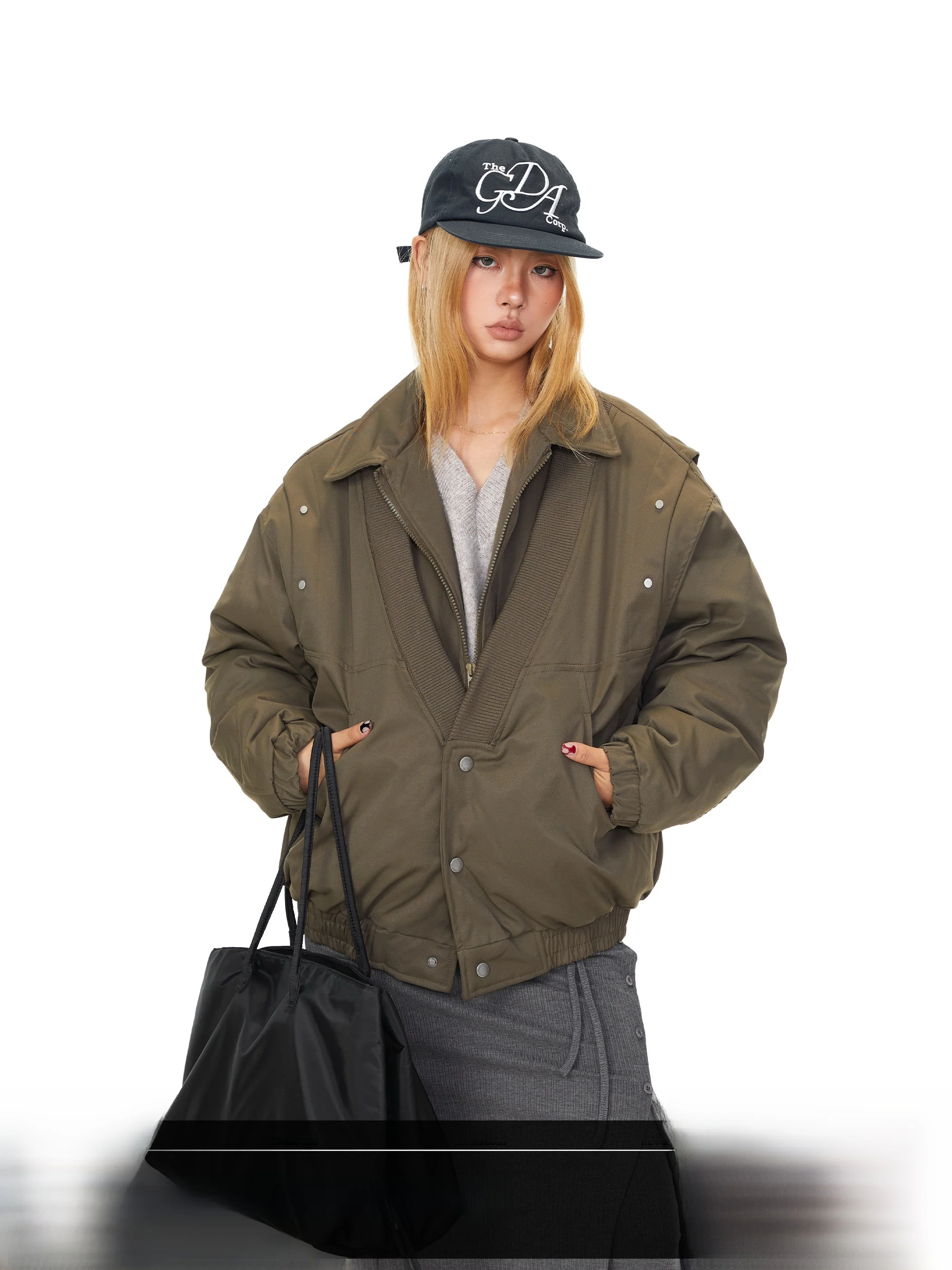 Blackbb Loose Fit American Design Flight Jacket Women's Autumn Winter Cotton Coat Double Layer Collar Flight Jacket