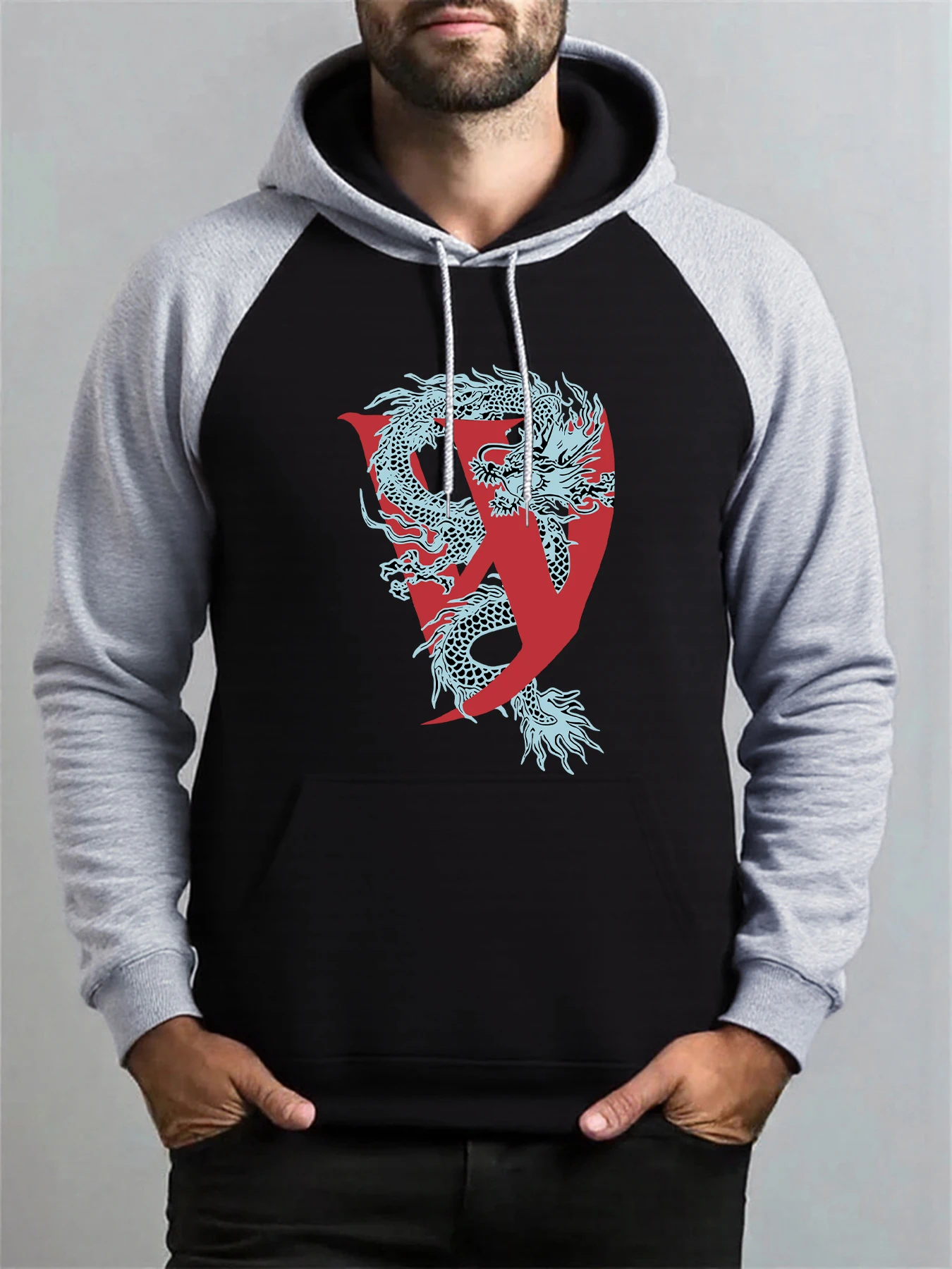 

Dragon And Letter W Print Mens Raglan Hoody Hip Hop Multicolor Hoodie Fleece Fashion Pullovers Street Pocket Man Hoodies