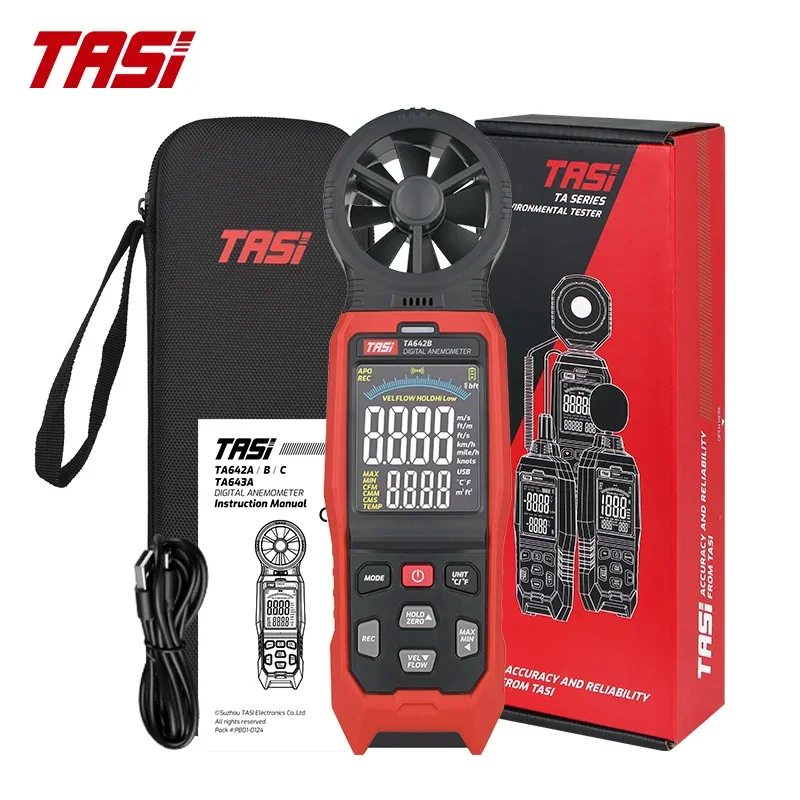 

TASI TA642B Digital Anemometer Measuring Wind Air Flow Velocity Temperature LCD Backlight Display USB Wind Speed Meter TA642A