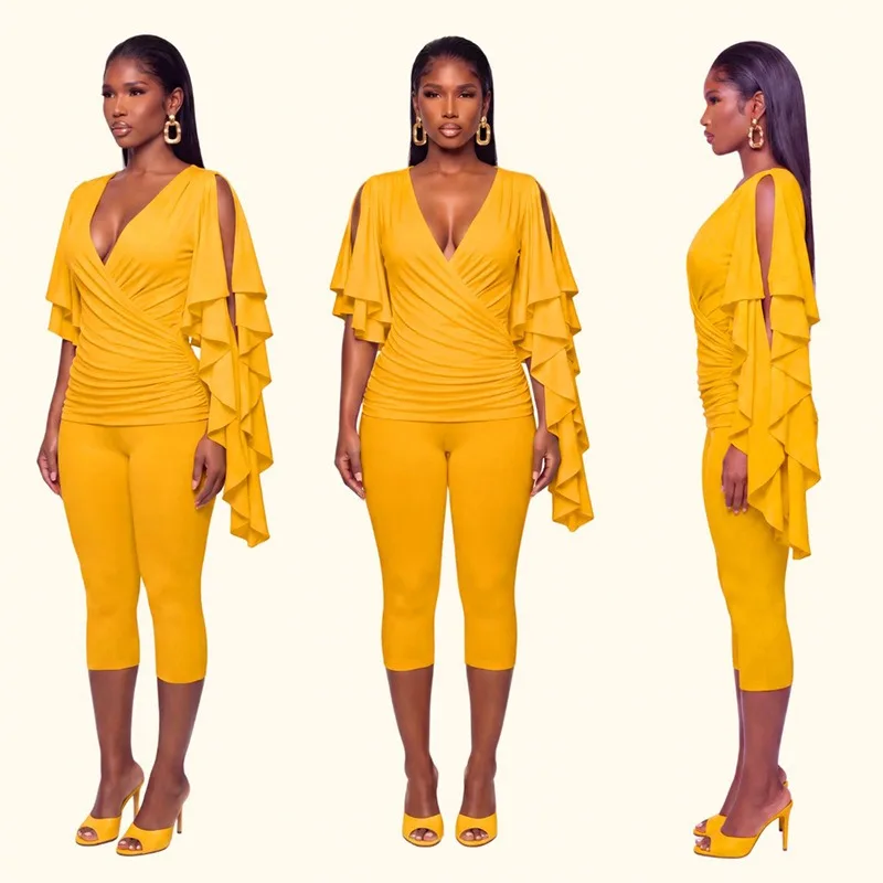 Autumn Two‑Piece Matching Set Deep V Neck Cross Ruched Design Flutter Sleeve With Sash High Waist Capri Pants Outfit
