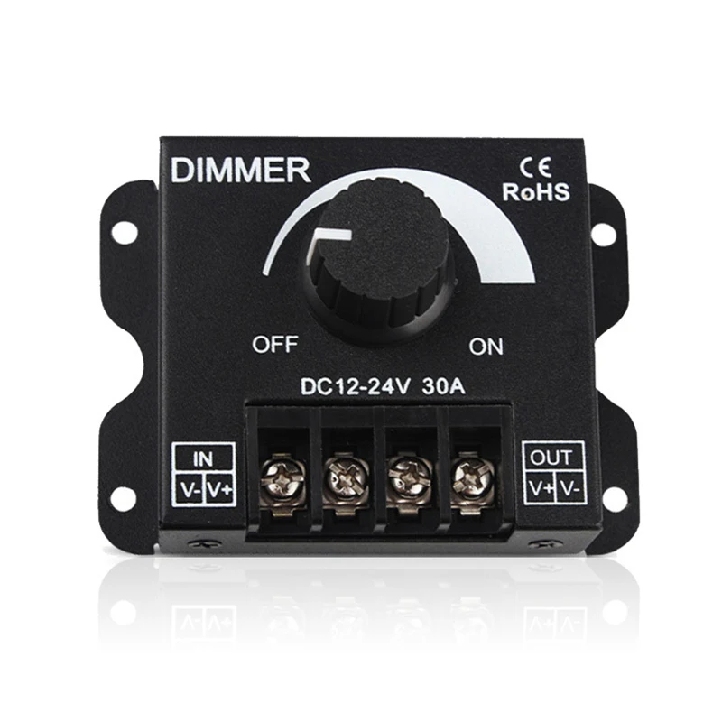 

LED Light Strip Dimmer, DC 12V/24V 30A PWM Dimming Controller, Knob Adjust Brightness ON/Off Switch for Single Color LED Ligh ﻿