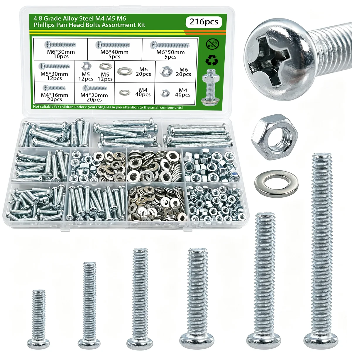 216pcs M4 M5 M6 Phillips head pan head machine screw set, 4.8 grade galvanized bolt, nut, and flat washer set, fasteners.