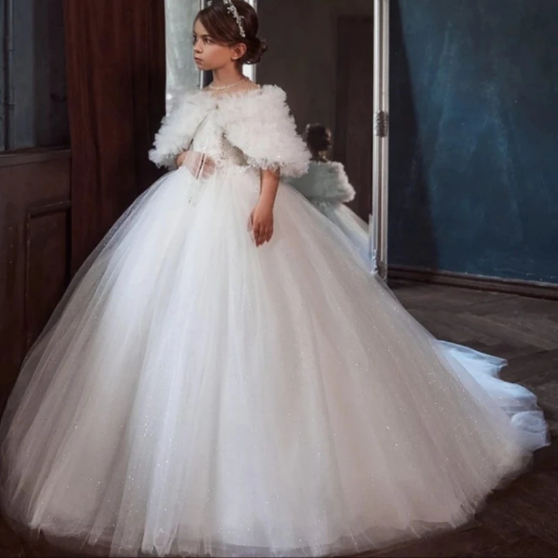 

2026 White Children Girls Formal Dress Kids Piano Birthday Evening Gown Performance Wedding Flower Girl Model Runway Costume