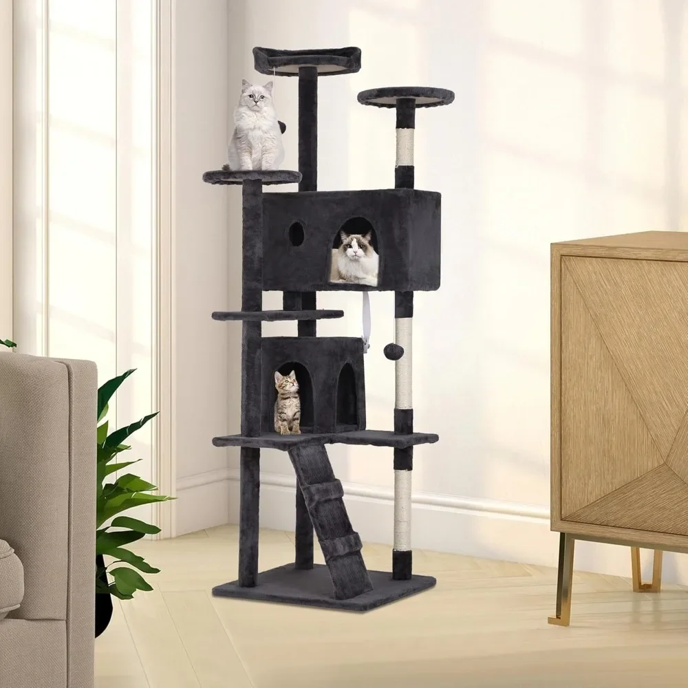 70in Cat Tree Tower, Multi-level Furniture Activity Center with Grab Post, Vertical House Apartment, Cat Pet Game House