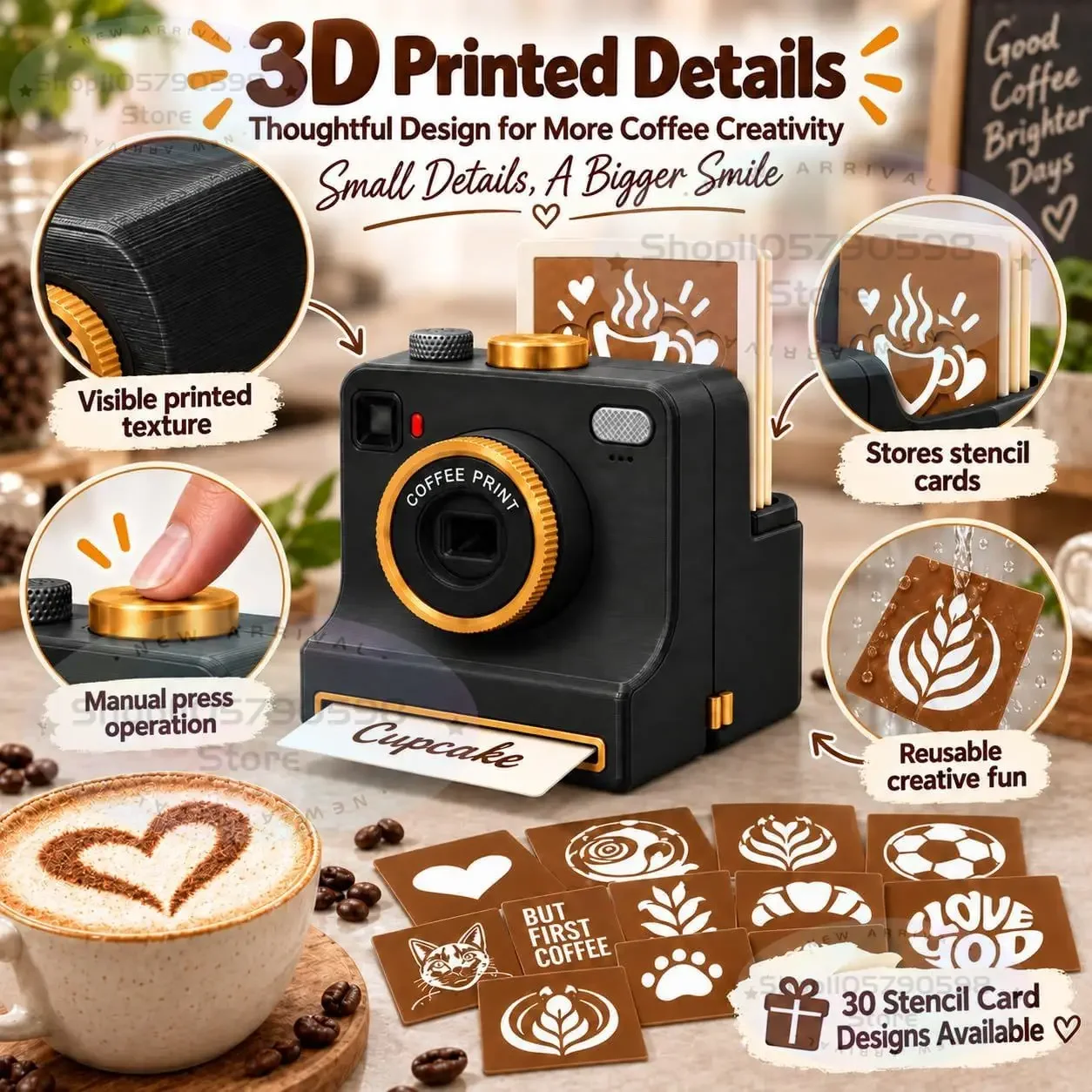 3D Printed Latte Art Camera,Manual Coffee Printer with 4 Coffee Stencils and 2 Mesh Filters,Mechanical Powder Art Maker for Home