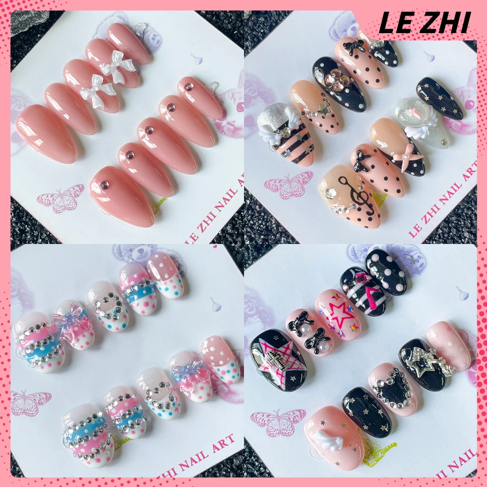 

2026 New Summer Y2K Hot Girl Almond Short Round Shape Press On Nails 10Pcs Handmade Note Dot Diamond Jelly Color Fake Nails