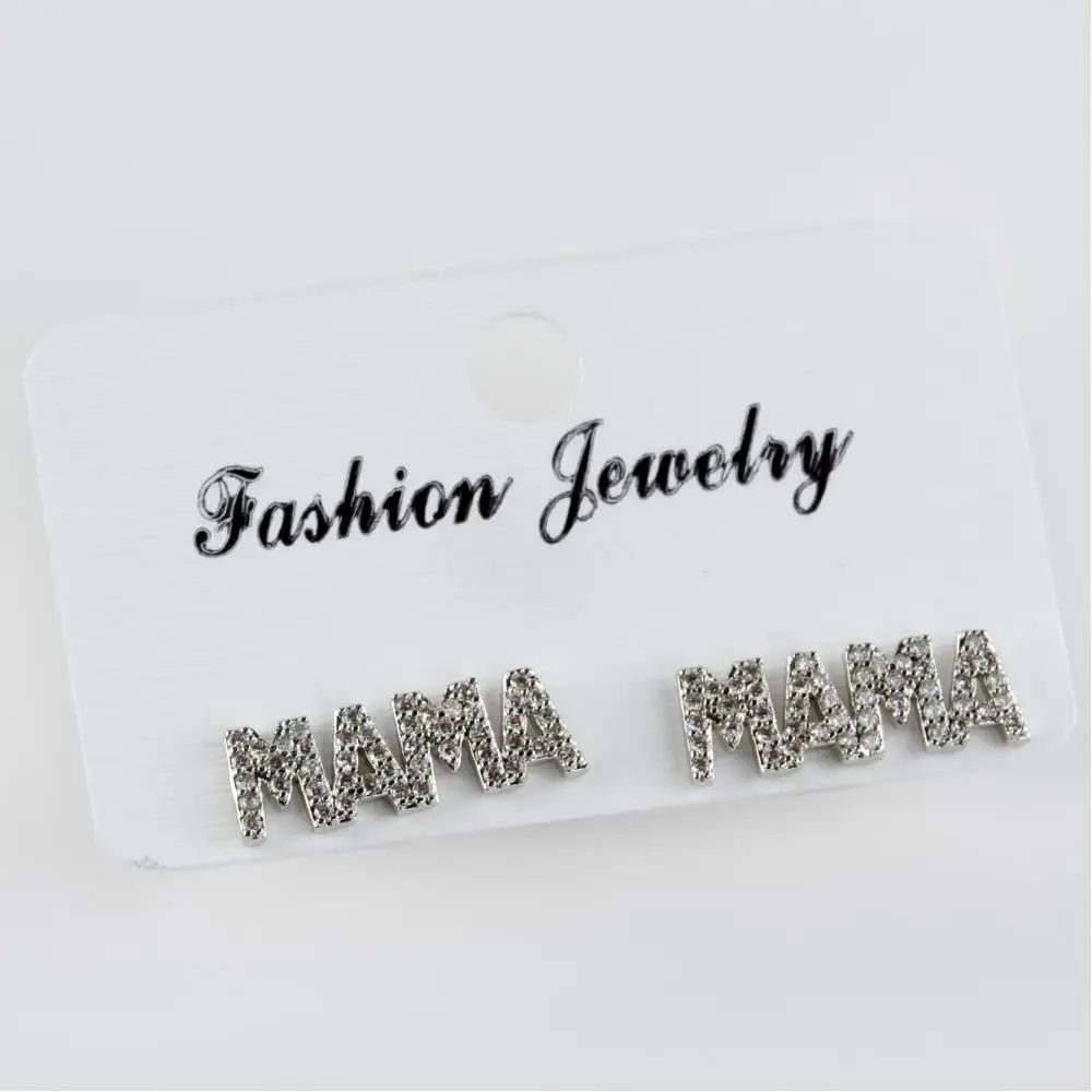 Mama (Mother) Written Zircon Cubic Zirconia Lux Steel Earrings