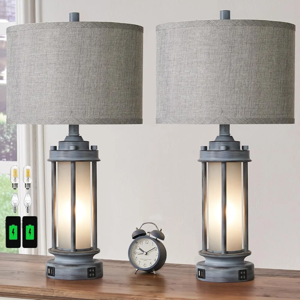 

Set of 2 Rustic Table Lamps for Living Room, Farmhouse Vintage Nightstand Lamp with 2 USB Ports, Antique Retro Light Green Glass