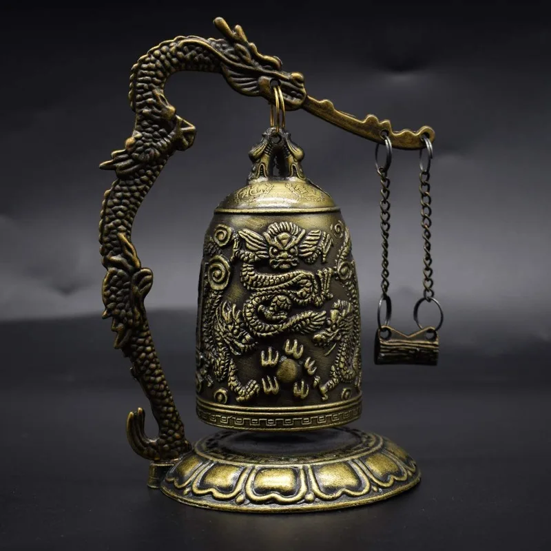 New 1pc Antique Bronze Dragon Bell，Chinese Feng Shui Decor for Desk，Handcrafted Carved Lock Bell Arts and Collectors