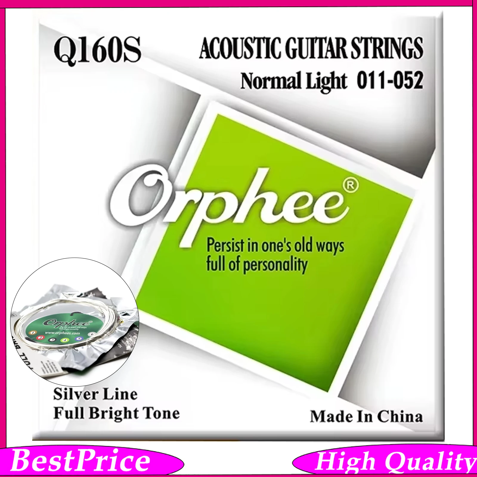 Orphee Q160S Acoustic Guitar Strings Silver Plated Carbon Steel Hexagonal Core Guitar Replacement Parts for Studio Practice