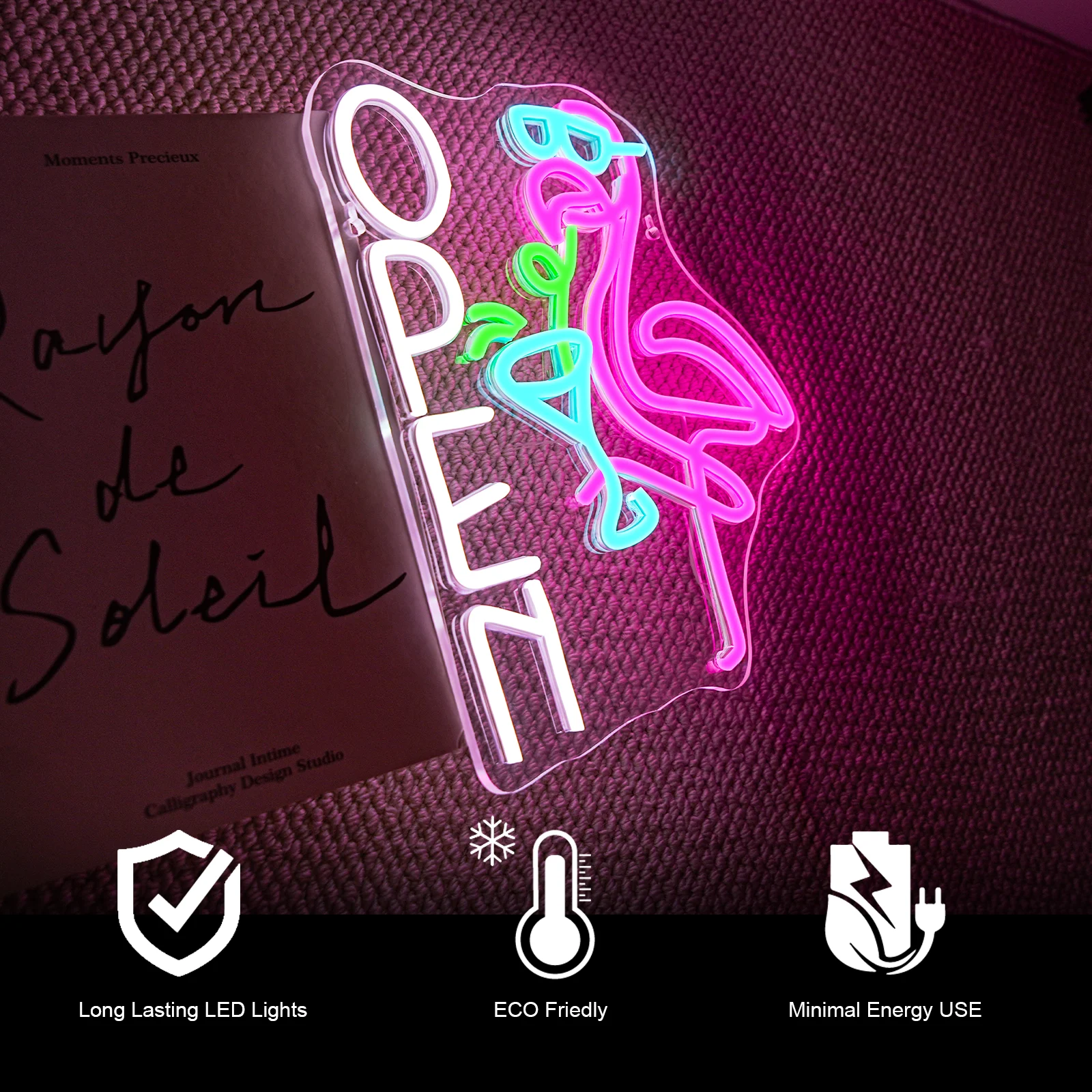 Flamingo Cocktail Open Neon Sign USB Powered Dimmable Neon Light for Living Room Bar Club Wall Decor Personzalized Kids Gift